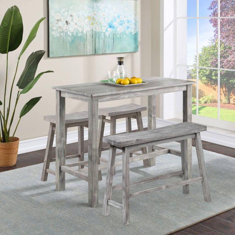 Storm Gray 4-Piece Solid Acacia Wood Pub Set with Saddle Stools