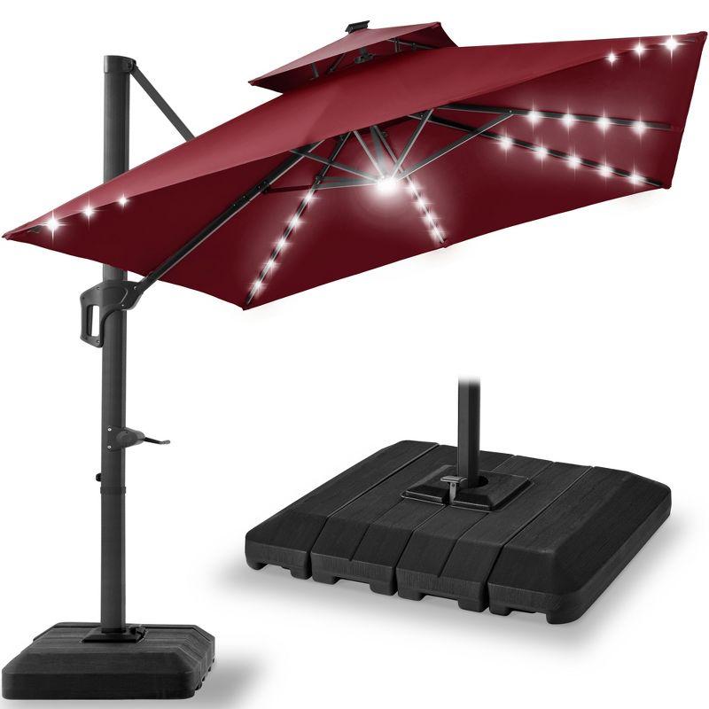 Arlmont & Co. Ronessa 10x10ft 2-Tier Square Outdoor Solar LED Cantilever Patio Umbrella w/ Base Included