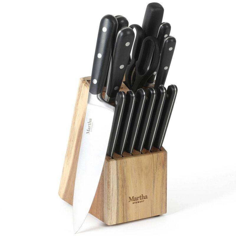 14-Piece Black Stainless Steel Knife Set with Acacia Block