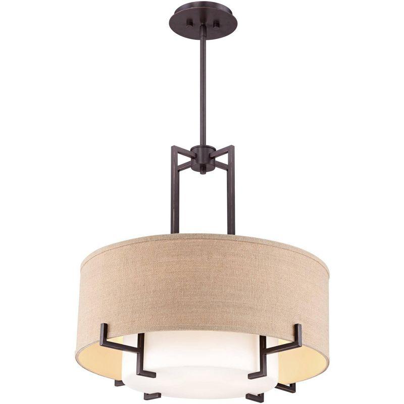 Possini Euro Design Concentric Bronze Pendant Chandelier 25" Wide Farmhouse Rustic Burlap Drum Shade 4-Light Fixture for Dining Room Kitchen Island