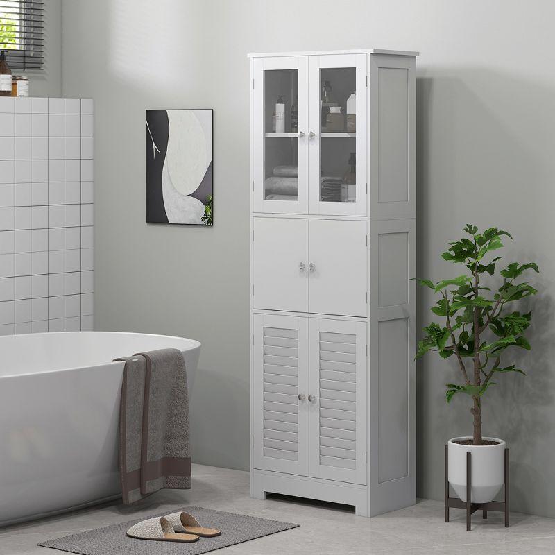 HOMCOM 67" Bathroom Cabinet with Glass/Louvred Doors, Tall Bathroom Storage Cabinet with Adjustable Shelf, White