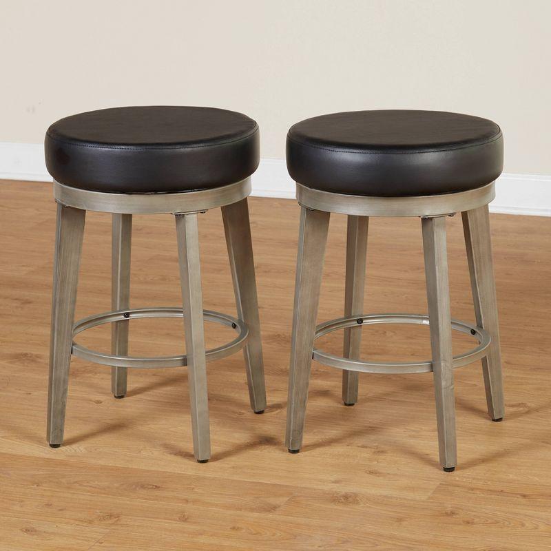angelo:HOME 2pc 24" Linden Swivel Counter Height Barstools Black: Round Faux Leather, Metal Frame, Spot Clean