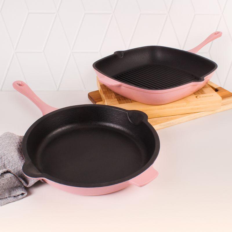 BergHOFF Neo 2Pc Cast Iron Cookware Set, 10" Fry Pan & 11" Grill Pan, Pink