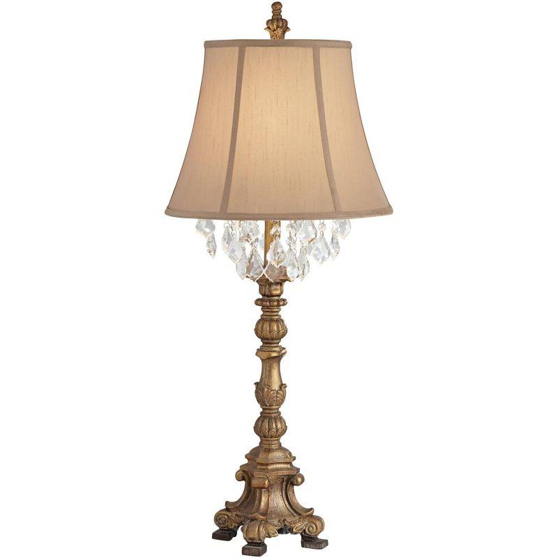 Duval Aged Gold Candlestick Crystal Table Lamp with Fabric Bell Shade