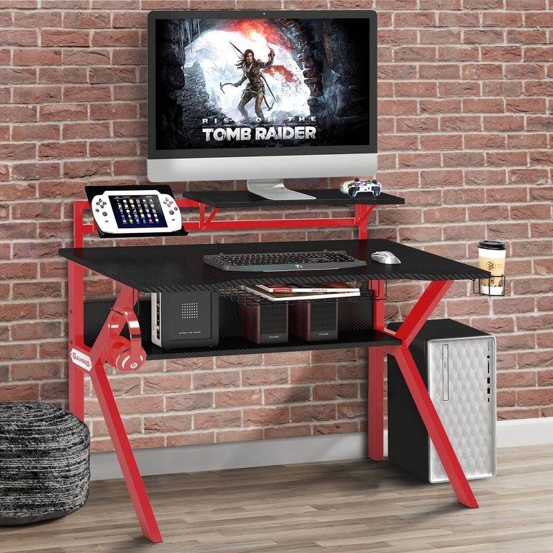 PVC Coated Ergonomic Metal Frame Gaming Desk Black/Red - The Urban Port: Elevated Monitor Shelf, K-Shaped Legs, Headphone Holder