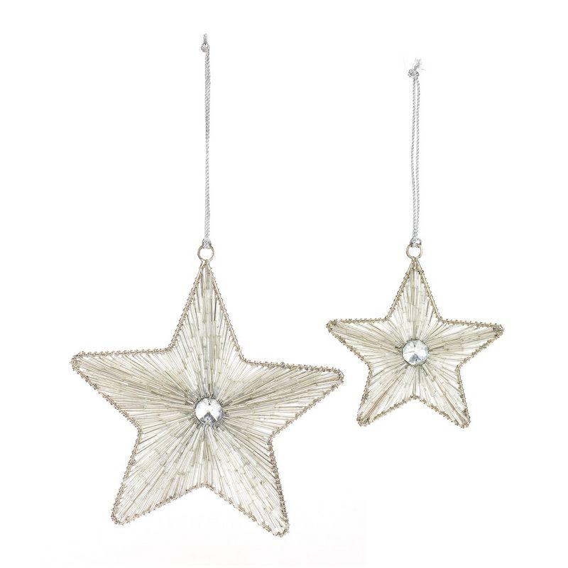 Silver Beaded Metal Star Ornaments Set of 12