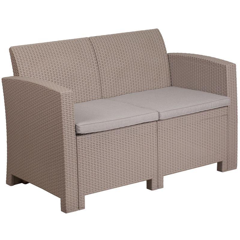 Merrick Lane Outdoor Furniture Resin Loveseat Light Gray Faux Rattan Wicker Pattern 2-Seat Loveseat With All-Weather Beige Cushions