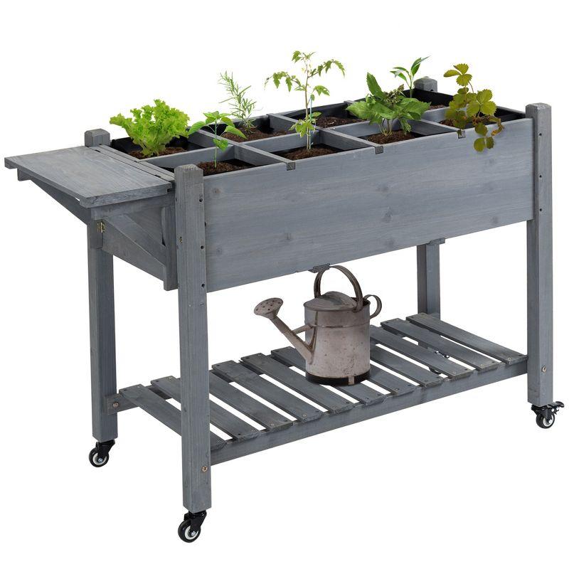 Gray Wooden Raised Garden Bed with Storage Shelf and Wheels