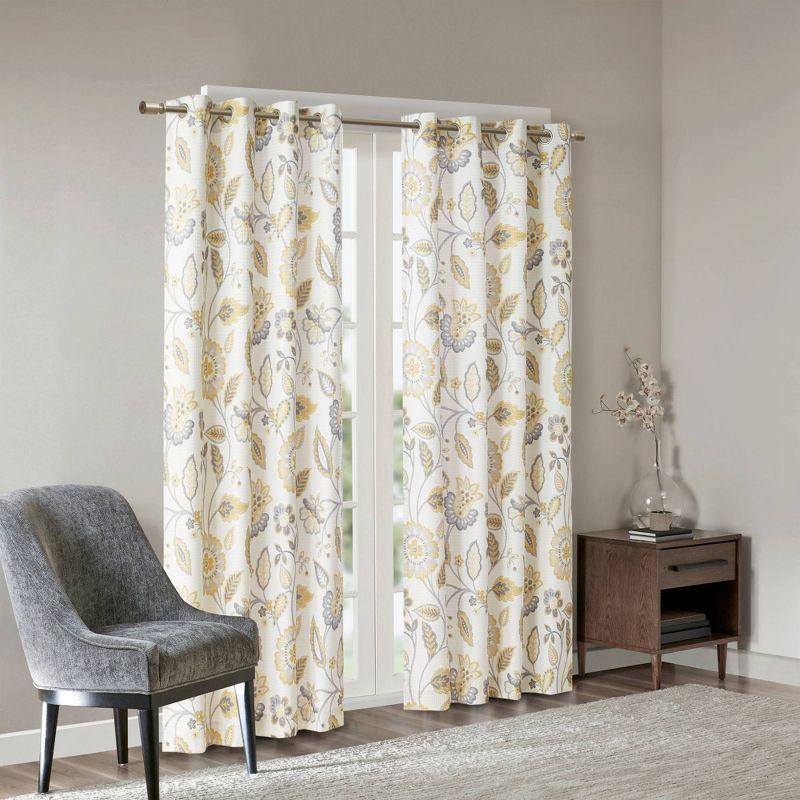 Yellow Floral Jacquard Room Darkening Curtain Panel