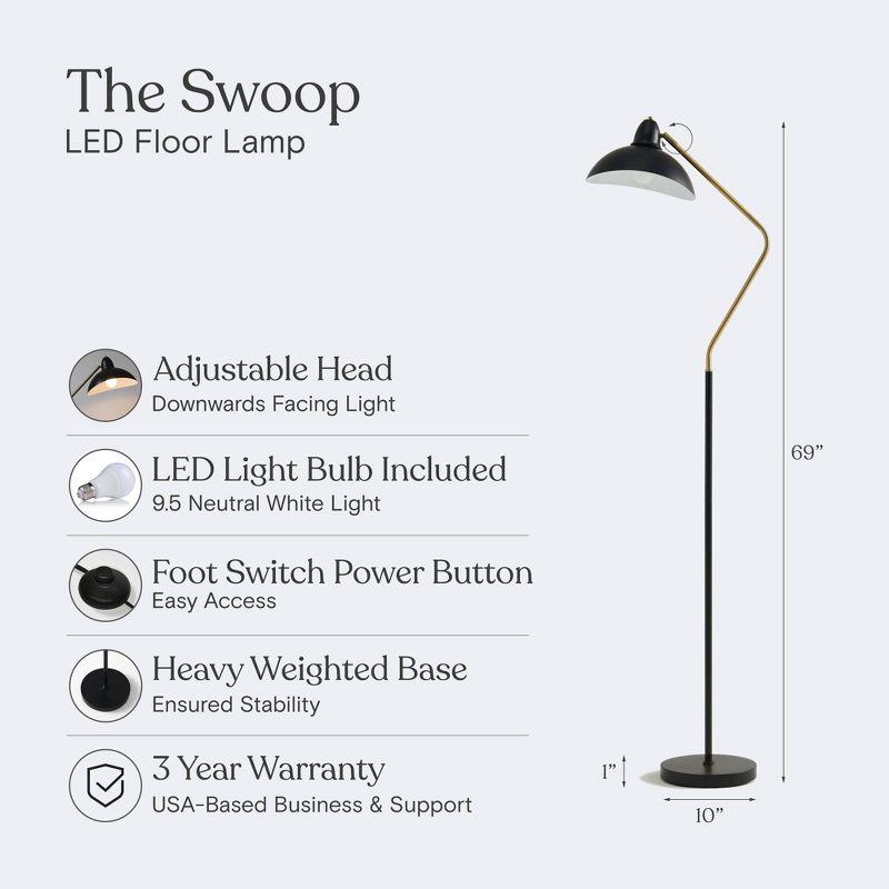 Brightech Swoop 69 in. Mid Century Modern Adjustable Curved Black Standing Lamp with Metal Bowl Shade and Gold Finish - LED Bulb Included