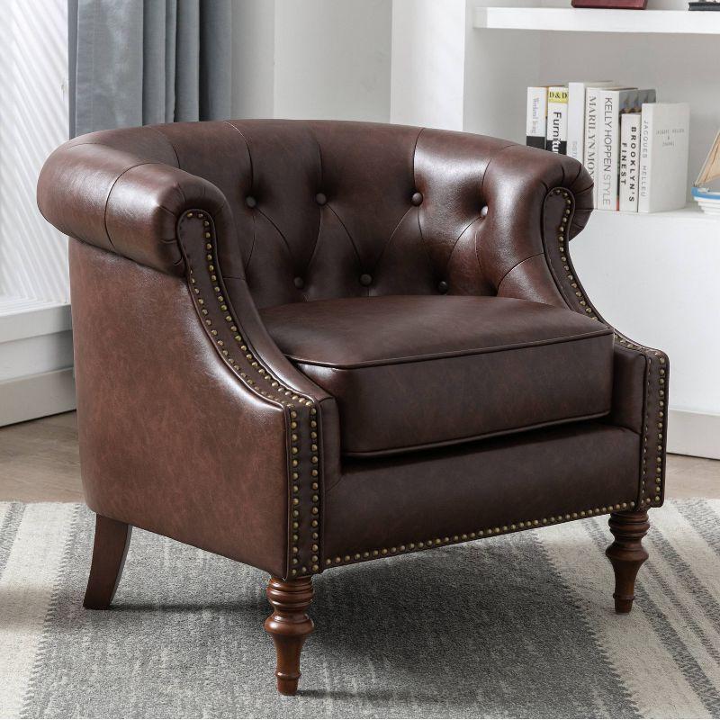 Chesterfield Brown Faux Leather Barrel Accent Chair