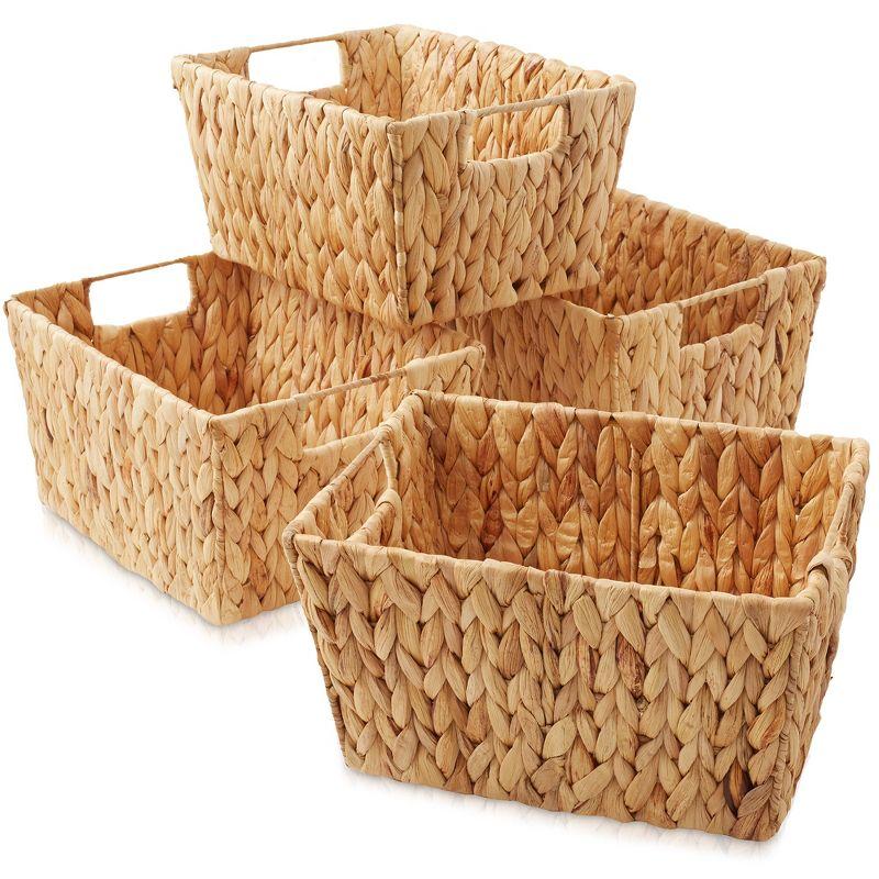 Casafield Set of 4 Water Hyacinth Storage Baskets with Handles, 12" x 9" x 6" Rectangular Storage Bins for Shelves, Blankets, Laundry Organization