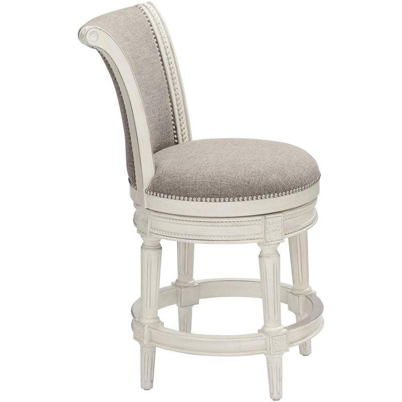 55 Downing Street Oliver Wood Swivel Bar Stool White 24 1/2" High Traditional Scroll Pewter Round Cushion with Backrest Footrest for Kitchen Counter