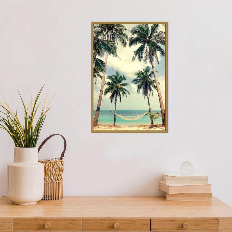 16" x 23" Palm Sky 3 by Design Fabrikken Framed Canvas Wall Art - Amanti Art: Tropical Hammock Scene, Modern Decor