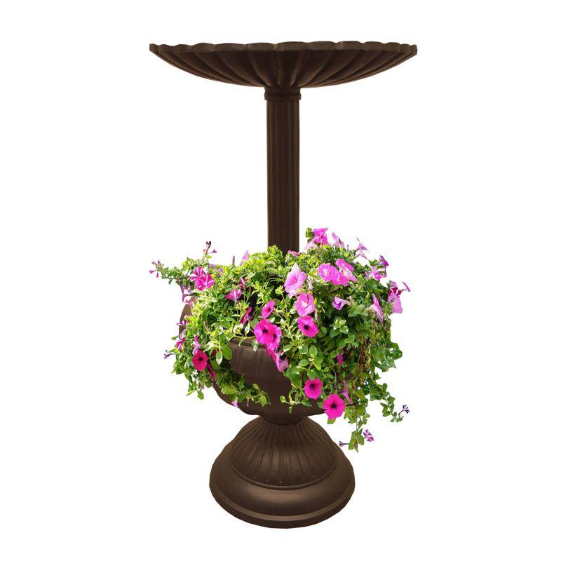 Ornate Brown Cast Aluminum Bird Bath with Planter Vase