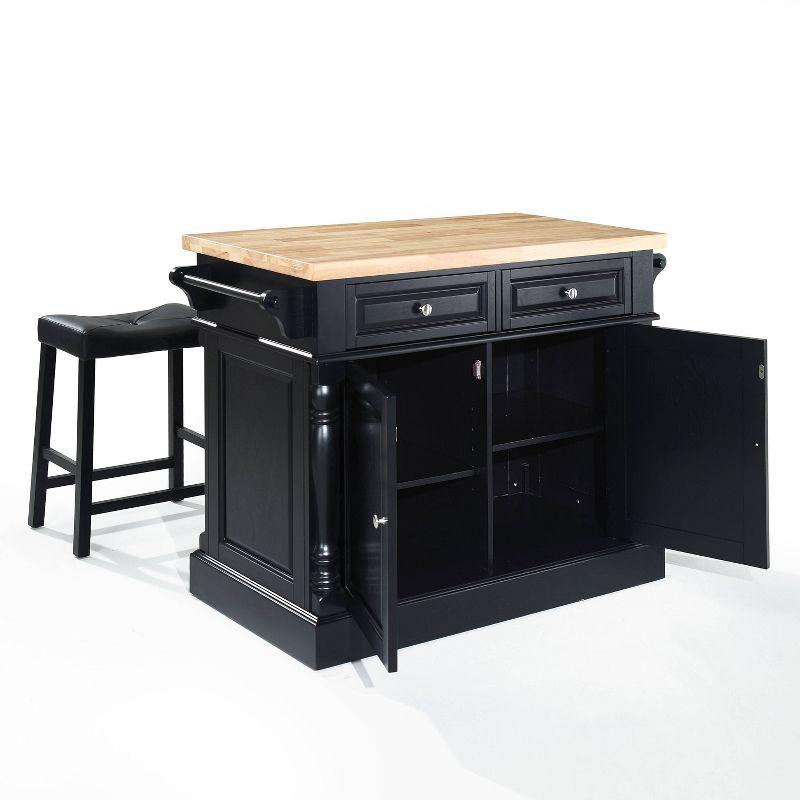 Oxford Kitchen Island with 2 Upholstered Saddle Stools Black - Crosley: Pass-Through Storage, Towel Bars, Wood Veneer