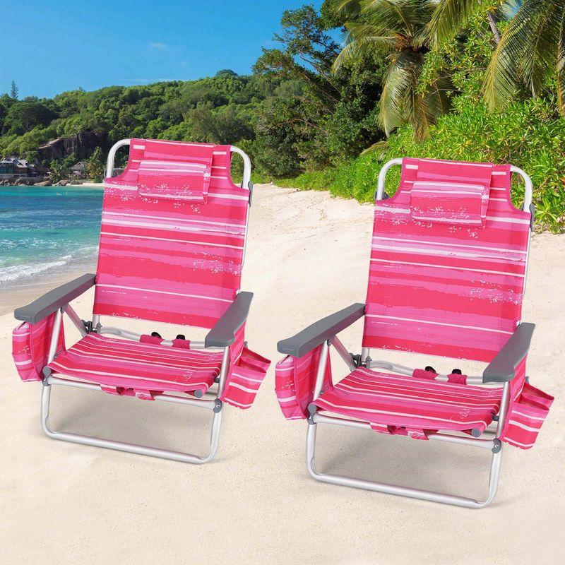 Costway 4-Pack Folding Backpack Beach Chair 5-Position Outdoor Reclining Chairs with Pillow Dark Pink