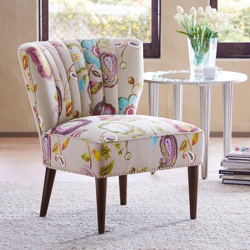 Remy Channel Back Slipper Chair Green/Cream: Madison Park, Wingback Design, Floral Pattern, Wood Legs