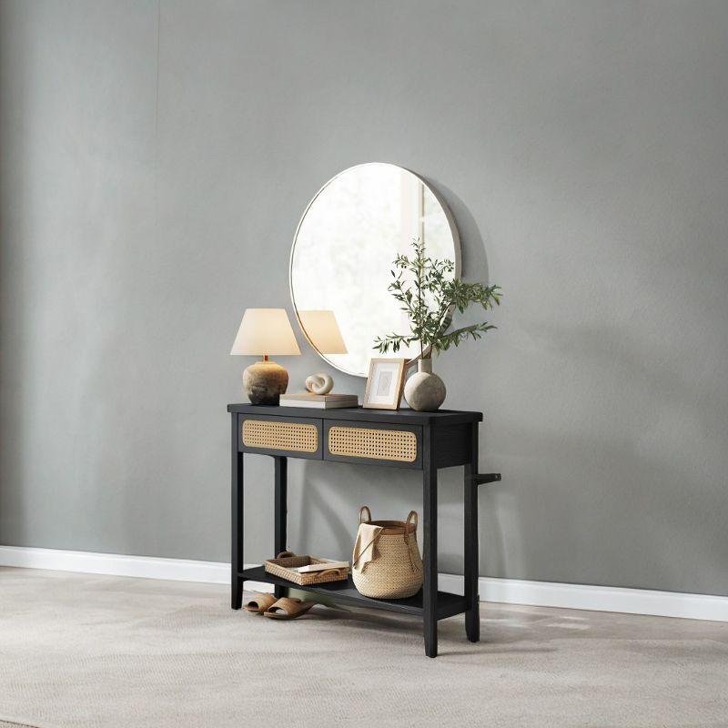 Ash Black Console Table in Boho Style. A Narrow Entryway Table with 2 Drawers and an Open Storage Shelf. for the Living Room.Sofa Table