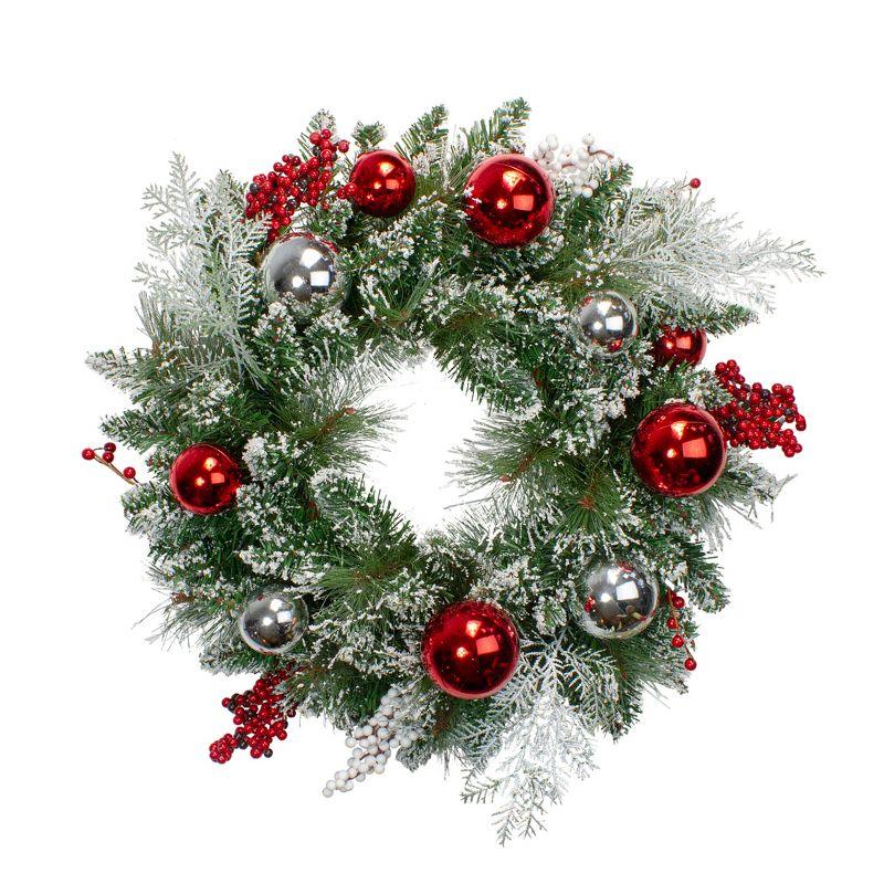 The Holiday Aisle® Flocked Pine with Red Ornaments Artificial Lemuella Wreath 24-Inch Unlit