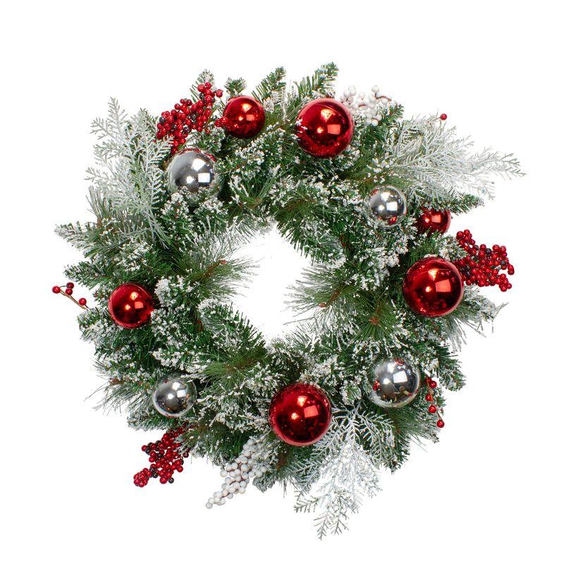 Flocked Pine with Red Ornaments Artificial Christmas Wreath 24-Inch Unlit