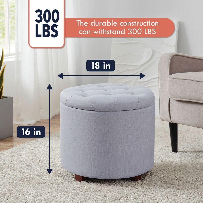 Ornavo Home Linen Upholstered Round Tufted Storage Ottoman with Wooden Legs - Gray