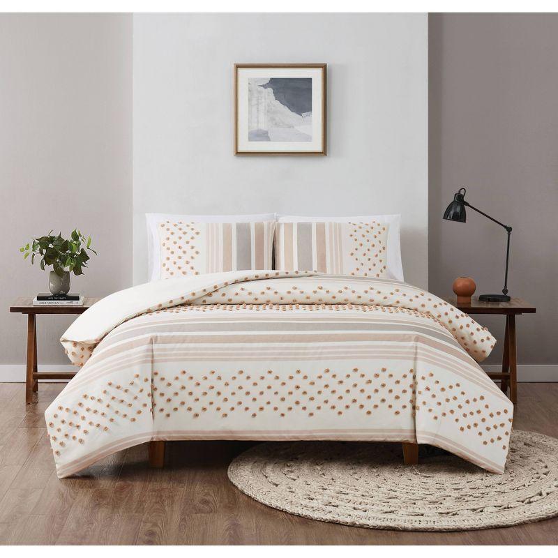 3pc King Mia Tufted Texture Neutral Duvet Cover Set Tan - Brooklyn Loom: 300 Thread Count, Polyester, Button Closure