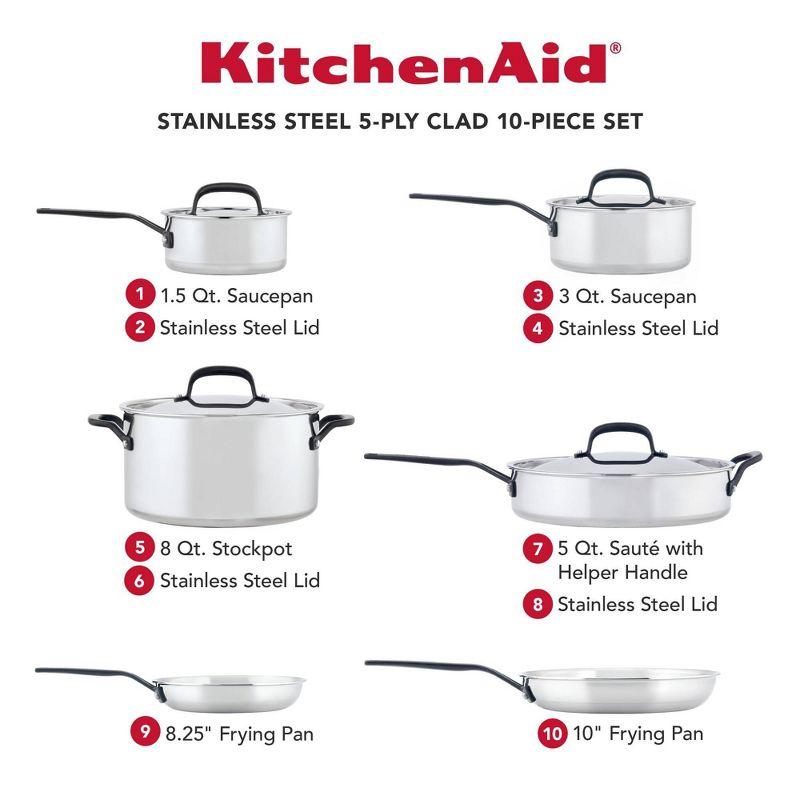 KitchenAid 5-Ply Clad Stainless Steel Cookware Induction Pots and Pans Set, 10 Piece, Polished Stainless Steel