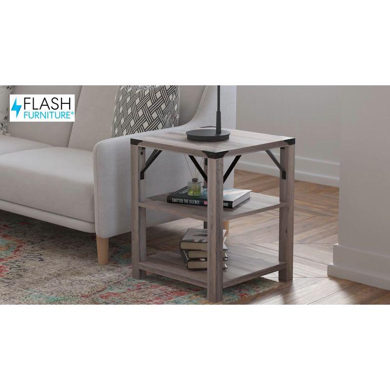 Flash Furniture Wyatt Modern Farmhouse Wooden 3 Tier End Table with Black Metal Corner Accents and Cross Bracing, Gray Wash