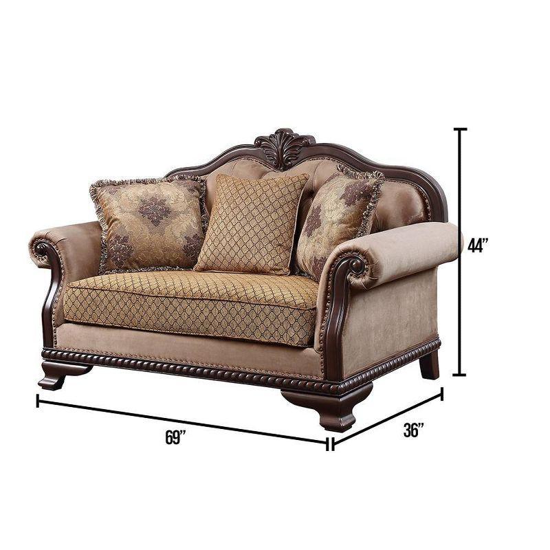 69" Chateau De Ville Fabric Sofa Espresso Finish - Acme Furniture: Carved Wood, Tufted Cushions, Includes 3 Pillows