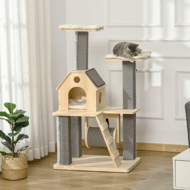 PawHut 49" Cat Tree, Kitty Activity Center, Wooden Cat Climbing Toy with Condo, Roller, Ladder, Cushions, and Sisal Scratching Post Pad, Natural