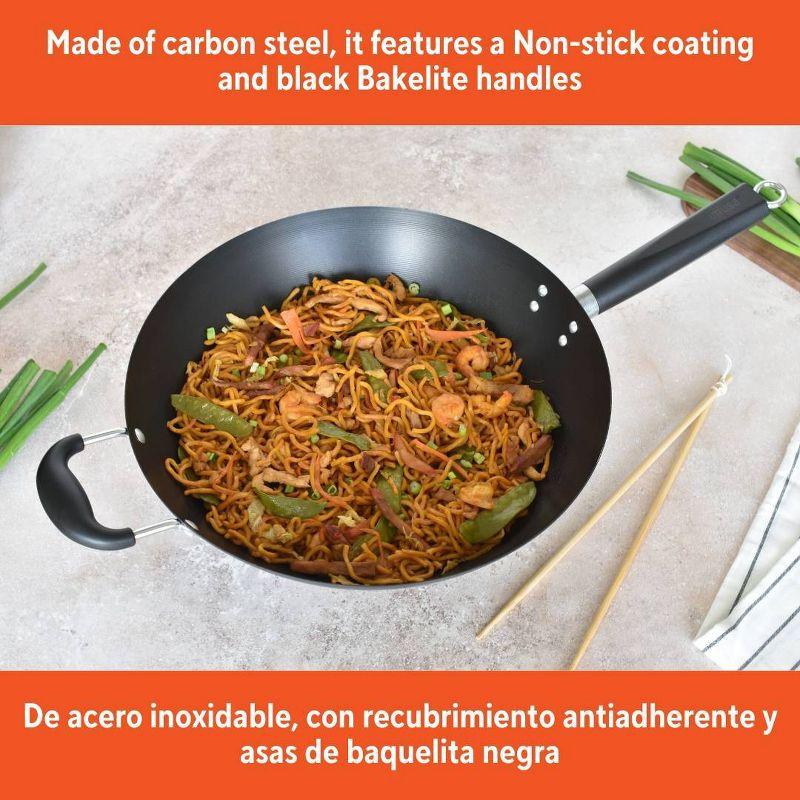 IMUSA 14" Coated Wok with Bakelite Handle: Nonstick Carbon Steel Stir Fry Pan, 64 Volume, Electric & Gas Compatible
