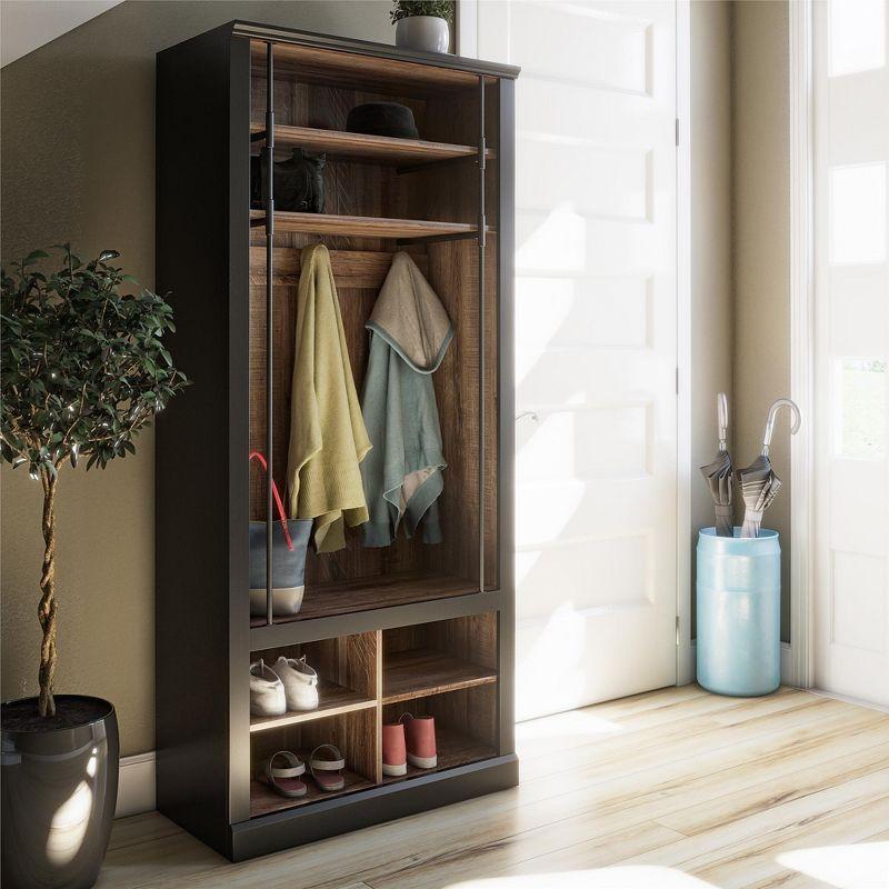 Ameriwood Home Hoffman Entryway Hall Tree with Bench and Storage Cubbies, Black and Walnut