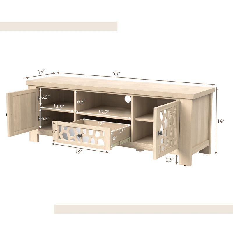 Tangkula 55" Retro TV Stand Media Entertainment Center w/ Mirror Doors & Drawer Natural
