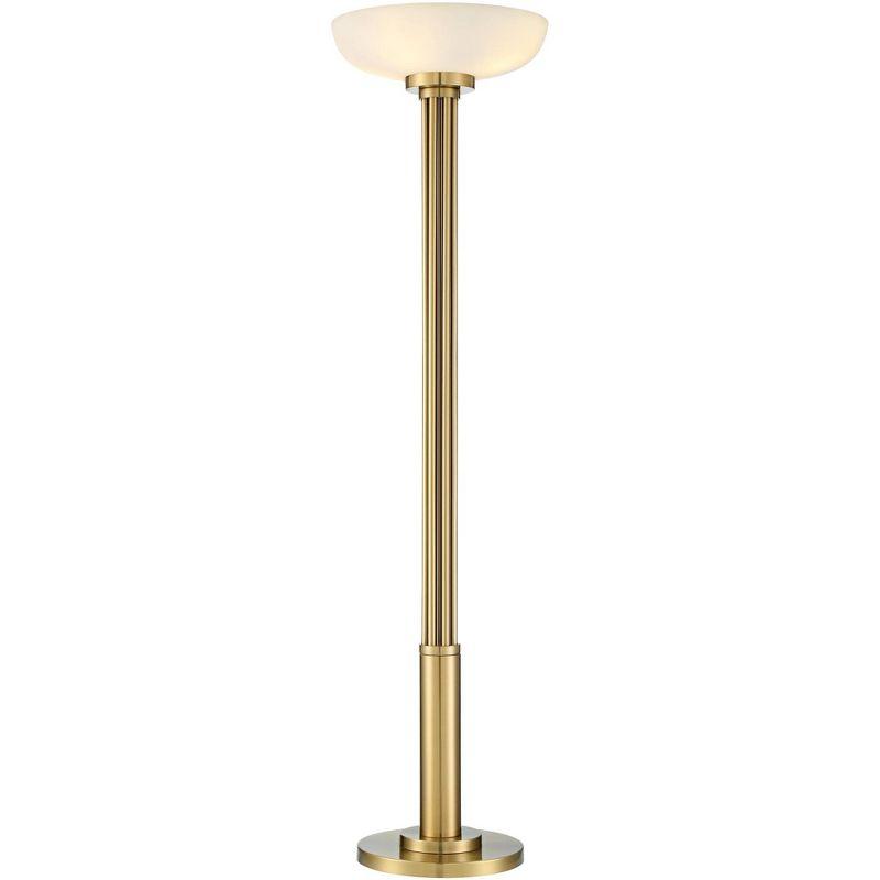 Antique Brass Gold Metal Torchiere Floor Lamp with Frosted Glass Shade