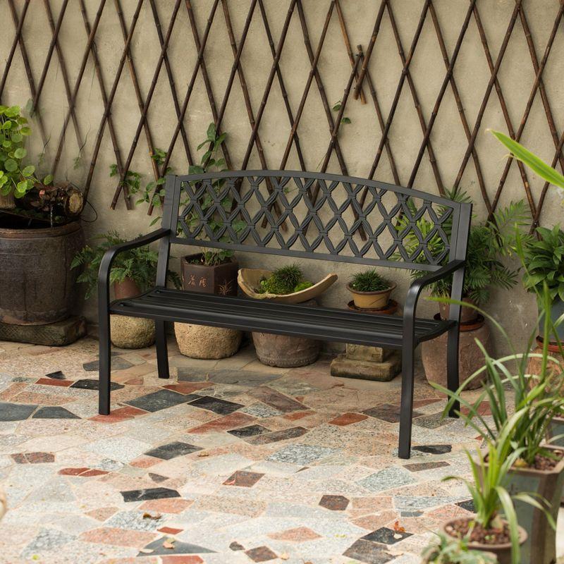 Gardenised Black Outdoor Garden Patio Steel Park Bench Lawn Decor with Cast Iron Back Seating bench, with Backrest and Armrest