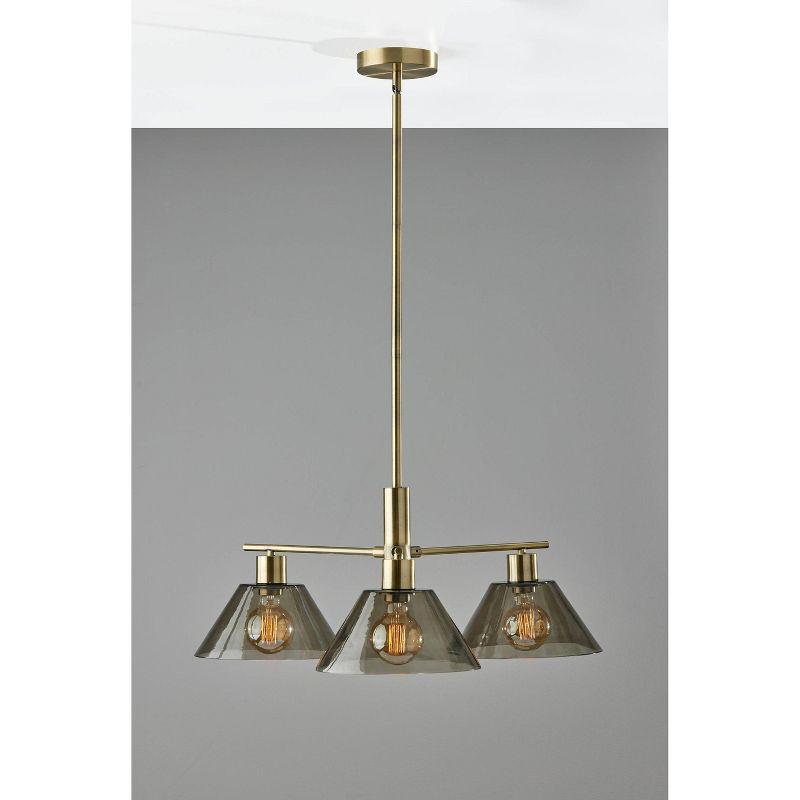 3-Light Zoe Chandelier Antique Brass - Adesso: Vintage Style, Adjustable Height, Smoked Glass Shades