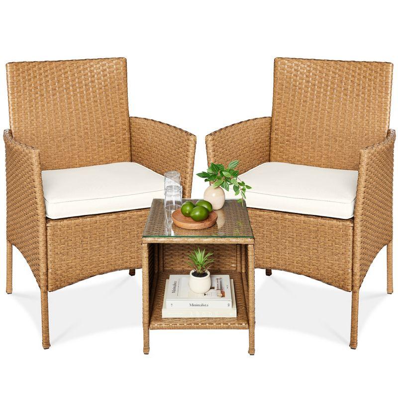 Natural Wicker 3-Piece Outdoor Patio Bistro Set with Ivory Cushions