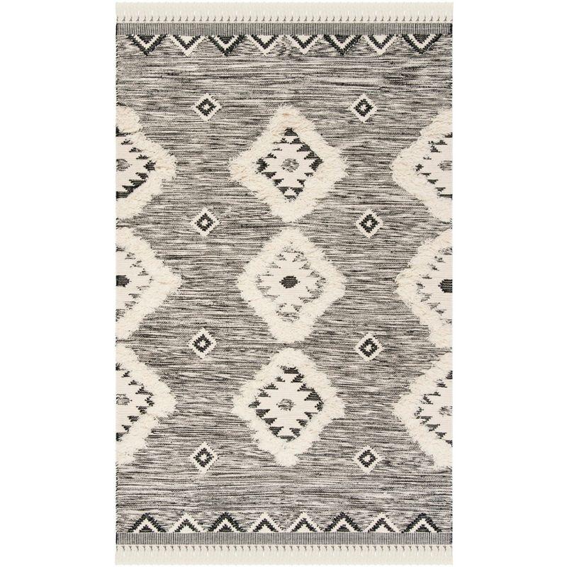 Hand-Knotted Black and Ivory Wool Geometric Area Rug