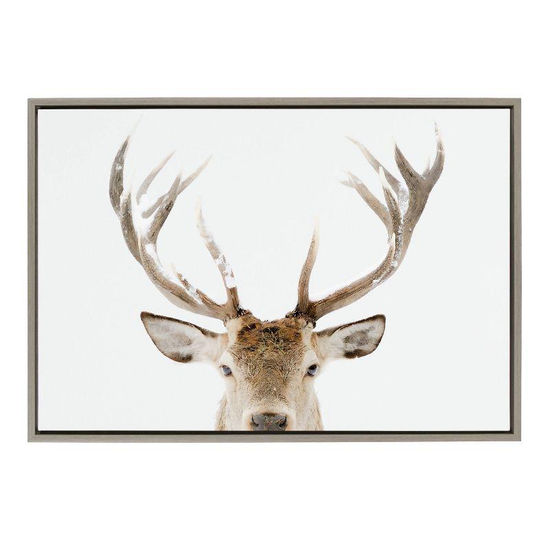 Sylvie Stag Peekaboo 23x33 Gray Framed Canvas Wall Art