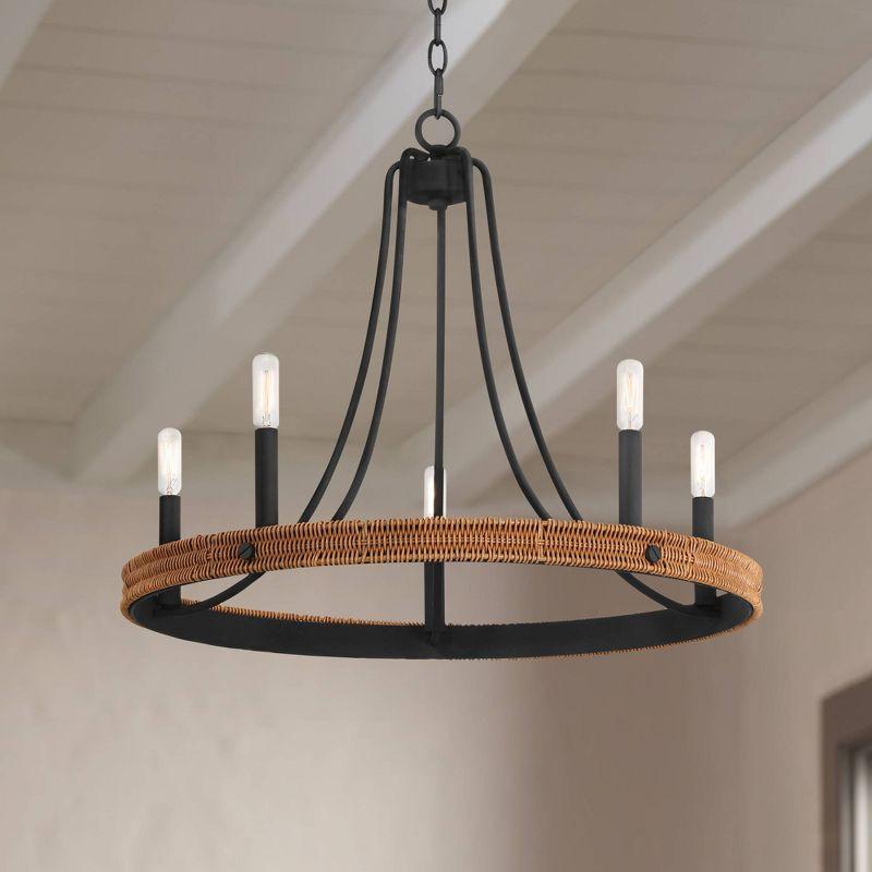 Franklin Iron Works Navarro Black Wagon Wheel Chandelier 24 1/2" Wide Farmhouse Rustic Wood Ring 5-Light Fixture for Dining Room