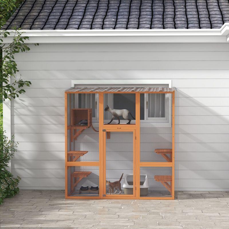 PawHut Catio, Outdoor Cat Enclosure Window Box Wooden Cat House w/ Weather Protection Roof for 2 Kitties with Resting Box, Platforms & Bridge