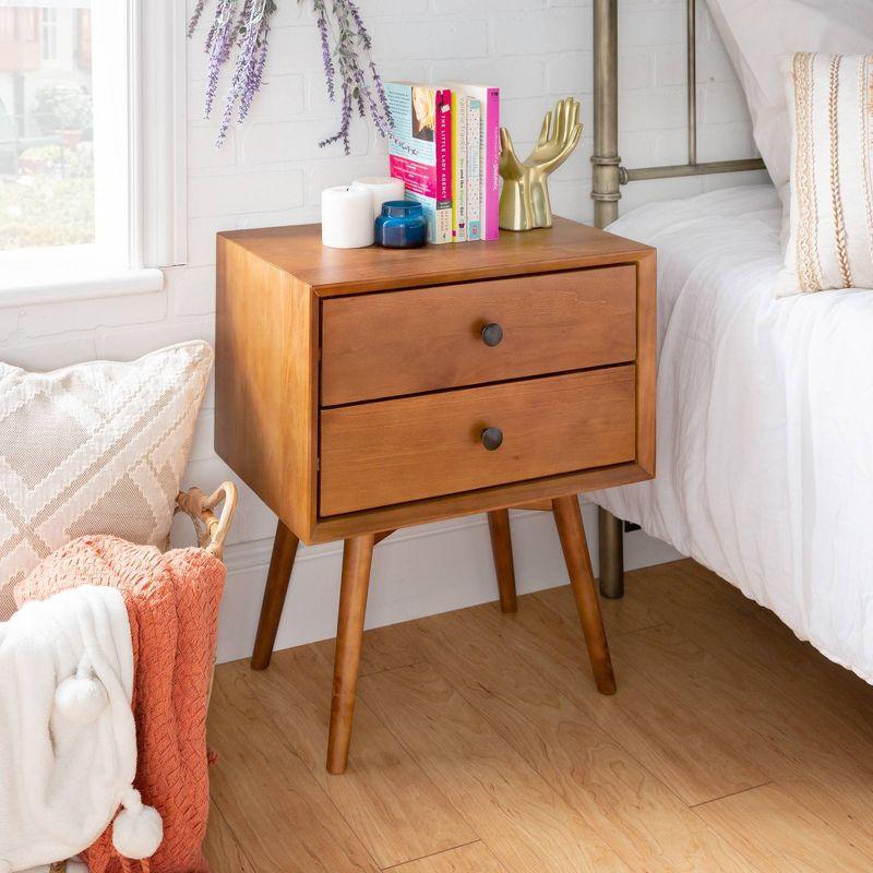 Greenberg 2 Drawer Mid-Century Modern Solid Wood Nightstand Caramel - Saracina Home: Pine, Beveled Edges, Antique-Finish Knobs