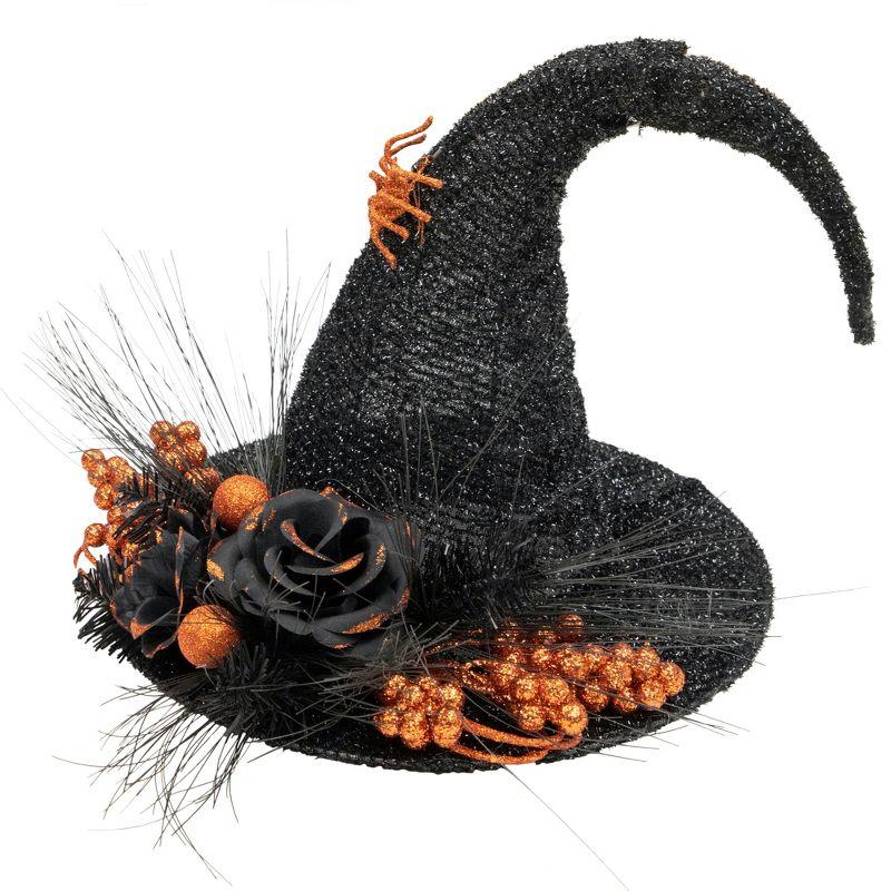 Northlight 16" Black Tinsel Witch's Hat with Orange Glittered Roses Halloween Decoration