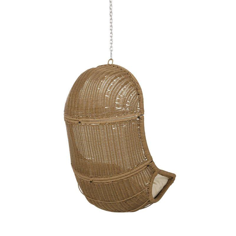 Orville Indoor/Outdoor Wicker Hanging Chair with 8' Chain - Light Brown/Beige - Christopher Knight Home: Polyester, Weather-Resistant