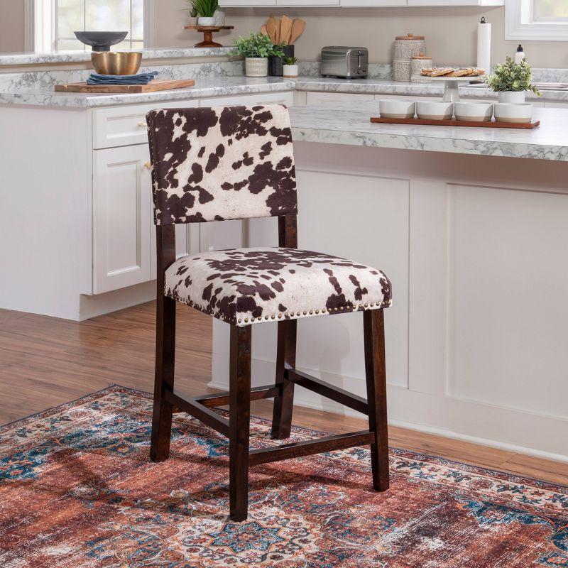 Linon 24" Corey Microfiber Upholstery Counter Height Barstool Cow print : Farmhouse Style, Wood Frame, Footrest