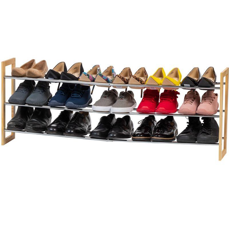 Expandable Pine Wood and Metal 3-Tier Shoe Rack