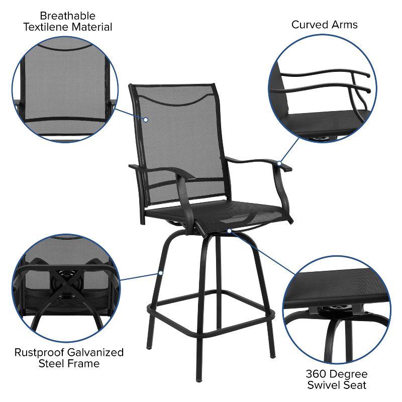 Flash Furniture Valerie Patio Bar Height Stools Set of 2, All-Weather Textilene Swivel Patio Stools and Deck Chairs with High Back & Armrests