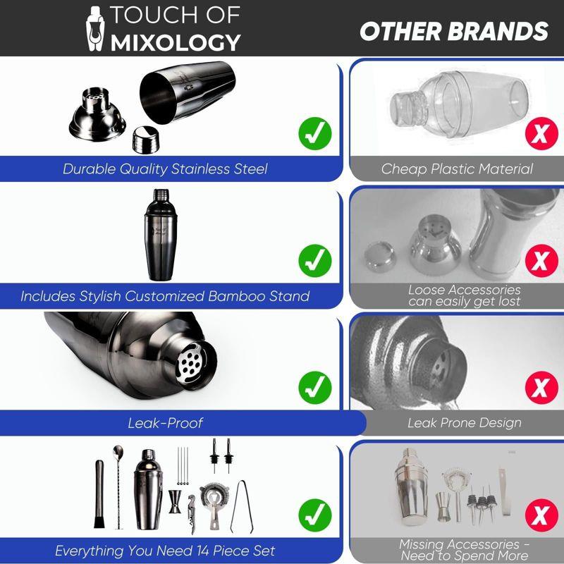 Touch of Mixology Premium 14 Piece Stainless Steel Bartender Kit with Bamboo Stand