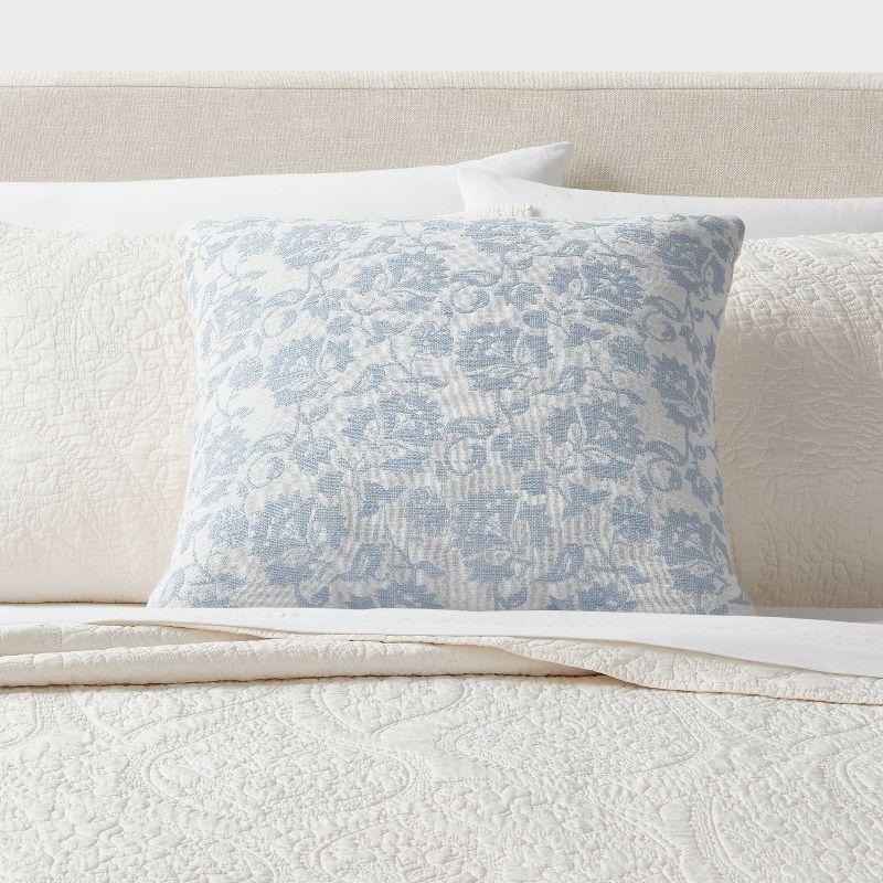 Sky Blue and White Cotton Floral Square Pillow